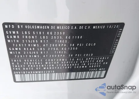 2021 Volkswagen Tiguan 2.0T S из США, поврежденный, VIN 3VV1B7AX6MM022818